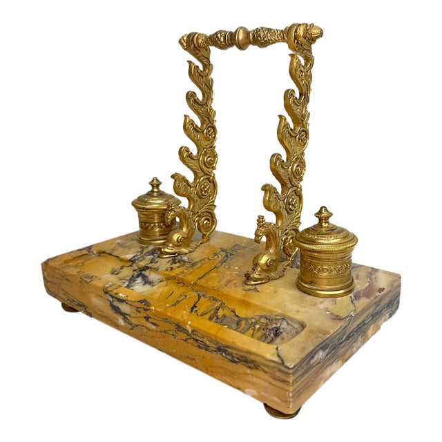 Antique French Siena Marble Bronze Dual Dolphin Empire Statue Desk Inkwell Stand For Sale