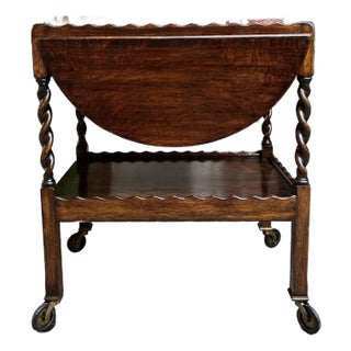 Antique English Tea Trolley Drinks Cart Barley Twist Dumbwaiter Drop Leaf Table For Sale