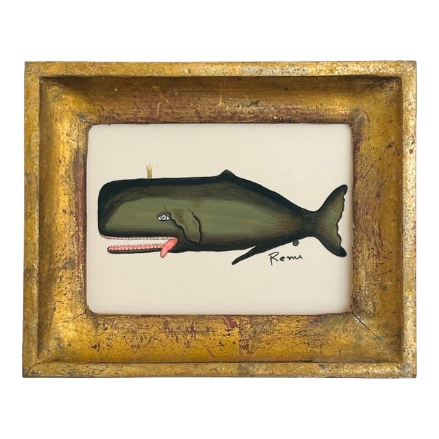 Original Hand-Painted Whimsical Baby Whale Painting in a Vintage Italian Gold Frame For Sale