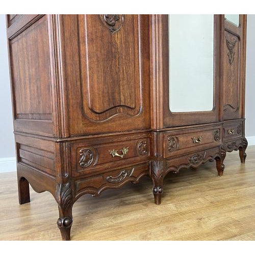 Brown Antique French Rocaille Carved Oak 3-Door Armoire with Mirror For Sale - Image 8 of 14