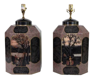 Vintage Hand-Painted English-Style Chinese Export Tea Caddy Table Lamp - a Pair