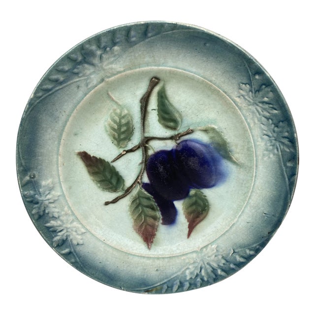 French Majolica Plum Plate Circa 1920 For Sale