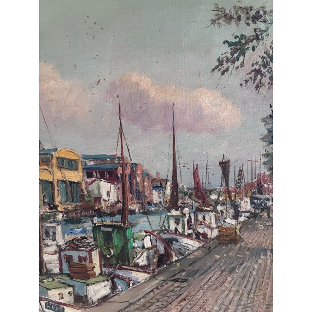 Sky Blue Vintage Original Scandinavian Harbor Oil Painting For Sale - Image 8 of 16