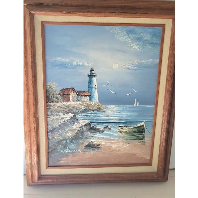 Vintage W. Sherman Lighthouse Oil on Canvas Painting Framed Coastal Nautical Art For Sale In Philadelphia - Image 6 of 9