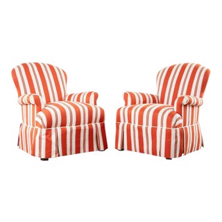 Contemporary Rolled Arm Striped Lounge Chairs - a Pair For Sale