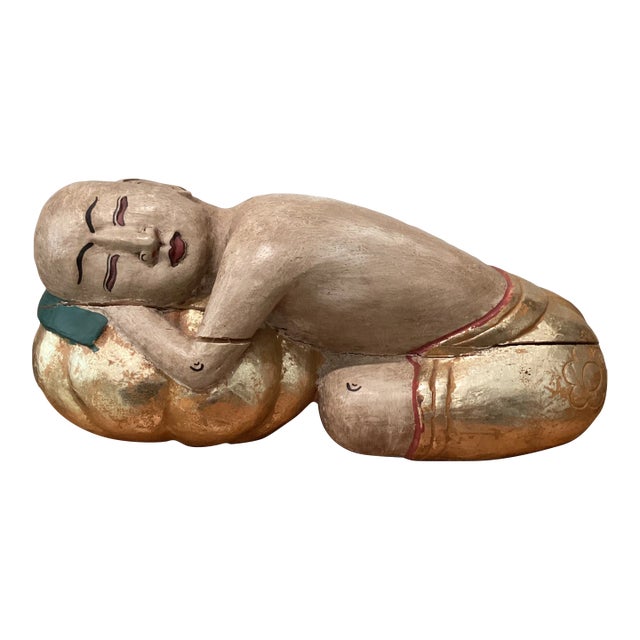 Mid 20th Century Carved and Painted Asian Wood Carving of Sleeping Beauty For Sale