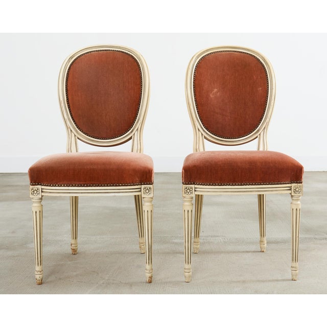 Set of Six French Louis XVI Style Painted Dining Chairs With Mohair For Sale - Image 4 of 12