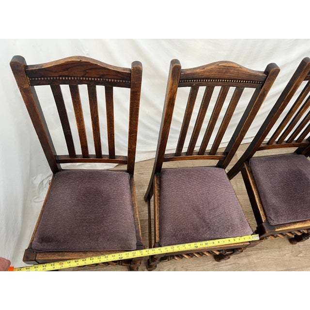 Antique Chairs Set of Four, Barley Twist Accent, Solid Oak, Lavender Seats For Sale - Image 10 of 11