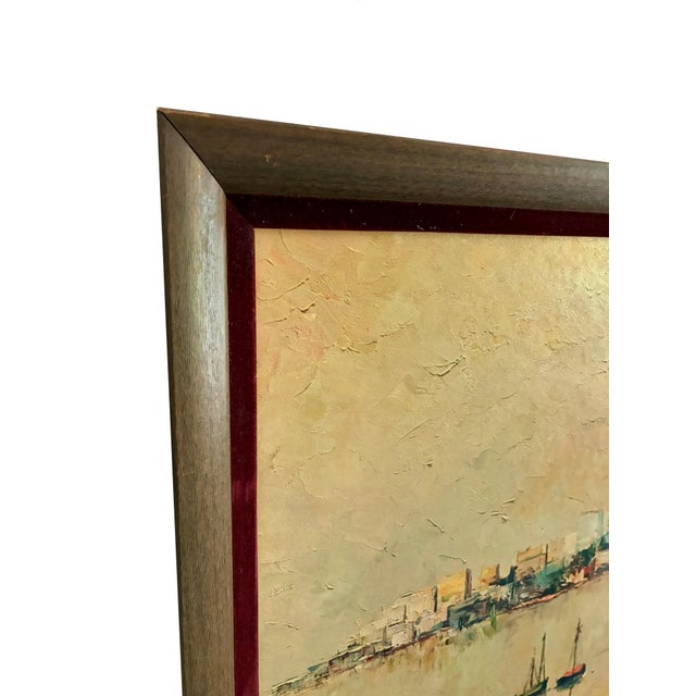 Yellow 1960s Harry Winkler “CasaBlanca” Morocco MCM Print 0f Painting With Wooden Frame Urban Seaport Landscape For Sale - Image 8 of 9