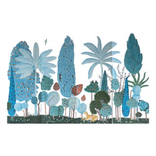 Blue Chinoiserie Mural | Hand-Painted Xuan Paper Wallpaper With Birds, Tropical Foliage & Leopard | Set of 4 For Sale