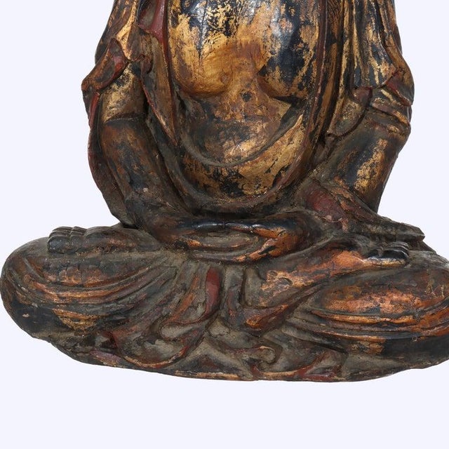 Traditional Oversized Antique Ebonized, Gilt & Vermillion Carved Wood Seated Buddha 19thC For Sale - Image 3 of 6