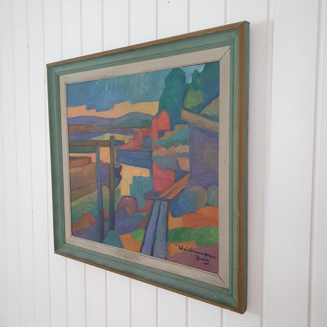 This oil painting on panel by Swedish painter Waldemar Berg (born 1899, date of death unknown), titled "Skymning vid...
