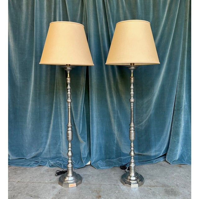 1940s French Nickel-Plated Floor Lamps With Hexagonal Shaped Bases - a Pair For Sale - Image 12 of 18