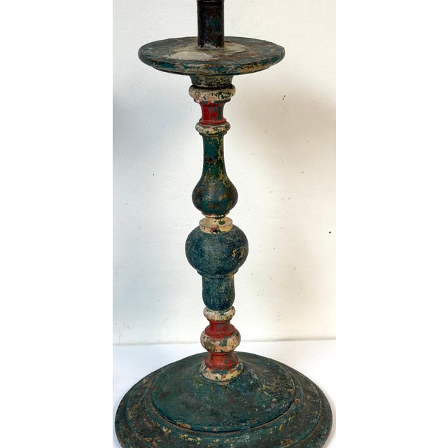 Pair Tuscan Polychrome Wooden Altar Candlesticks, Worn Patina, 18th / 19th C. For Sale - Image 11 of 17