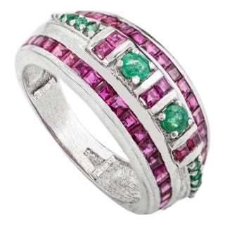 Unique 2.23 Carat Ruby & Emerald Sterling Silver Dome Band Ring for Women - Size 7.5 For Sale