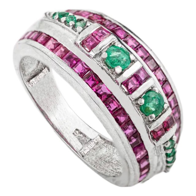 Unique 2.23 Carat Ruby & Emerald Sterling Silver Dome Band Ring for Women - Size 7.5 For Sale