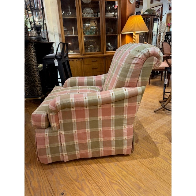 Pair of Pink and Green Plaid Upholstered Armchairs For Sale - Image 4 of 10