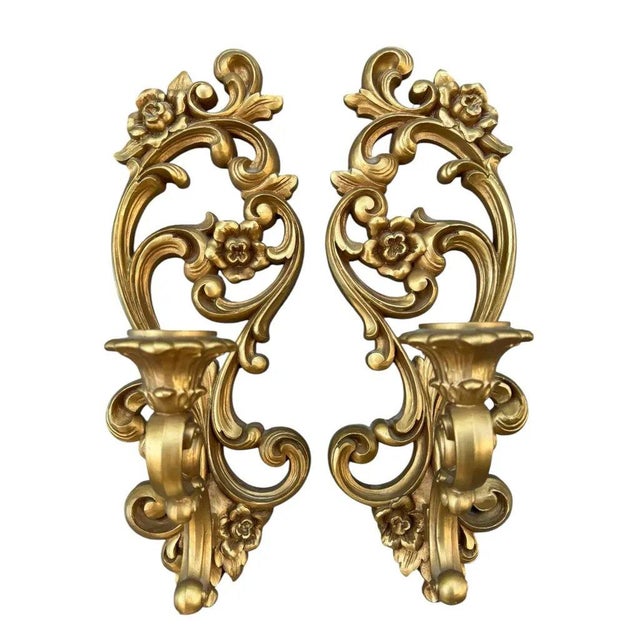 Vintage 1971 Homco #4138 Gold Rococo Floral Candle Sconces, Pair | Hollywood Regency For Sale - Image 4 of 6