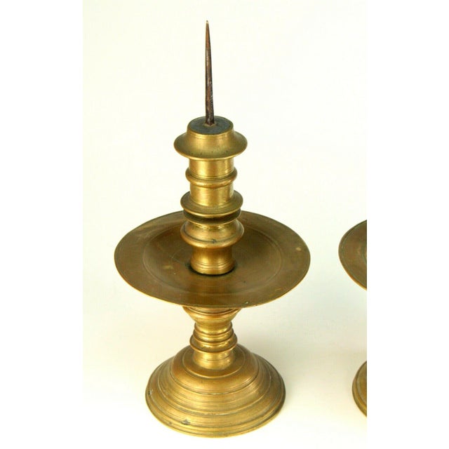 17th Century Dutch Brass MidStem Drip Pan Candleholders a Pair