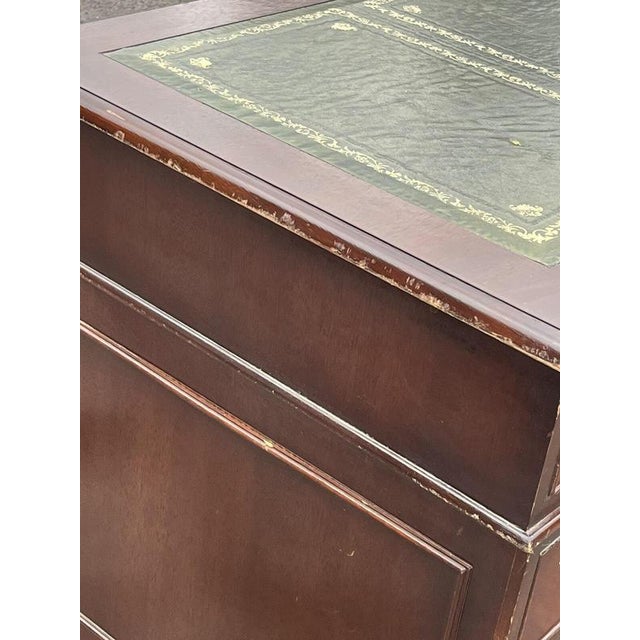 Wood Pedestal Desk in Flame Veneer Mahogany with Green Leather Top For Sale - Image 7 of 13