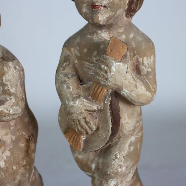 Italian Carved Wood Putti Musician Figures With Glass Eyes C1920 For Sale - Image 6 of 11