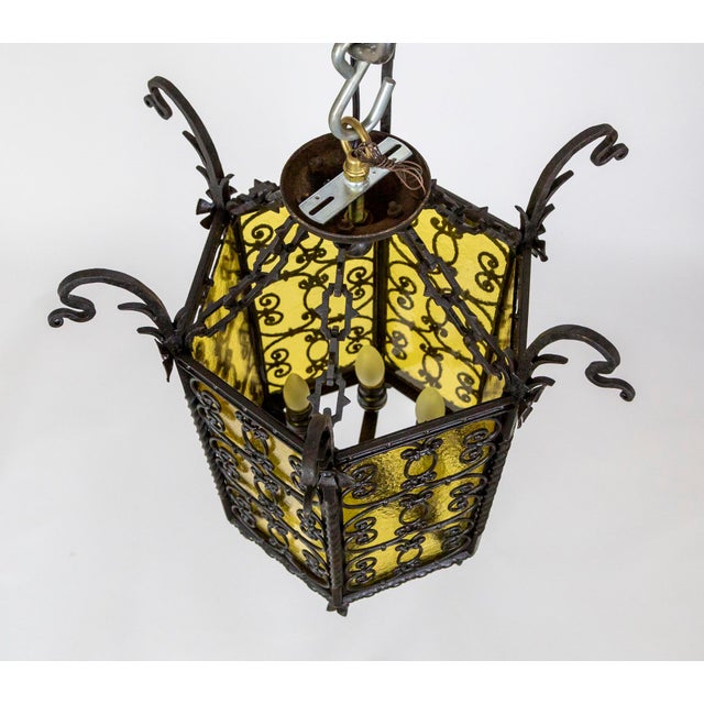 Metal 1900s Iron & Amber Glass Gothic Art Nouveau Lantern For Sale - Image 7 of 13