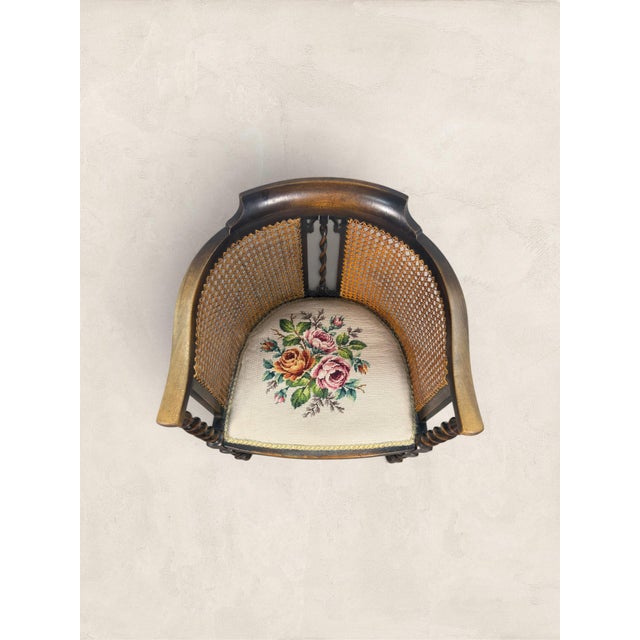 Antique English Oak Caned Tub Chair With Floral Needlepoint Seat, Circa 1910 For Sale In Tampa - Image 6 of 9