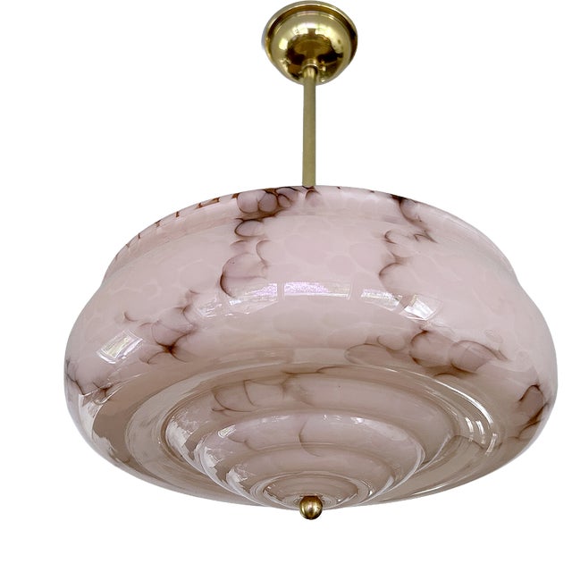 Art Deco Pendant Light in Pink Marble Glass, 1930s For Sale