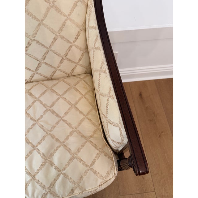 Wood Vintage French-Style Upholstered Settee – Carved Mahogany Frame For Sale - Image 7 of 10
