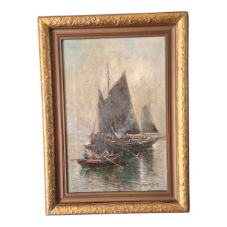 Boats in the Mist Early Oil on Canvas by Arthur Diehl C. 1890s For Sale