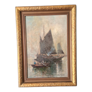 Boats in the Mist Early Oil on Canvas by Arthur Diehl C. 1890s