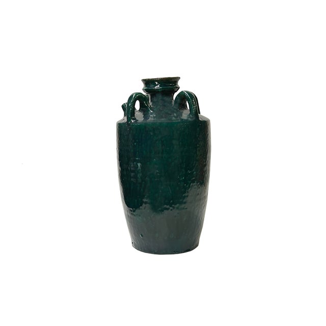 Vintage Dark Green Glaze Slim Round Jar Shape Pottery Ceramic Pot Vase For Sale - Image 4 of 5