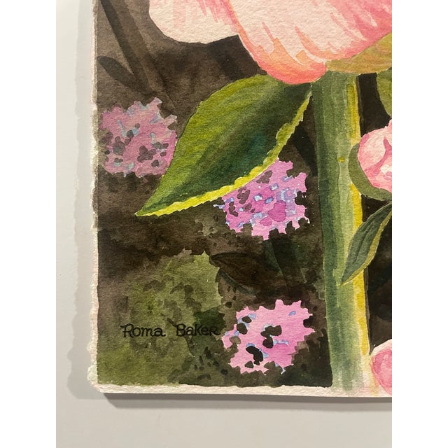 Roma Baker (1935-1998) floral still life garden scene, watercolor on heavy paper, signed lower left. Baker worked in...