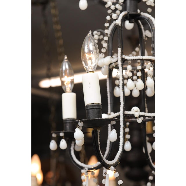 Black Petite 4-Light Iron & Opaline Glass Beaded Chandelier, 1940s Italy For Sale - Image 8 of 14