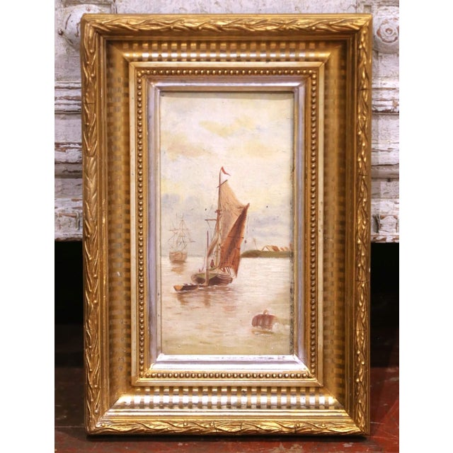 19th Century French Coastal Marine Oil on Canvas Painting in Carved Gilt Frame For Sale - Image 4 of 8