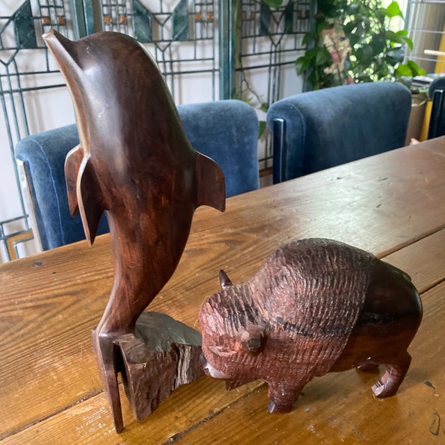 Wood 1970s Wooden Dolphin and Buffalo Statues - Set of 2 For Sale - Image 7 of 9