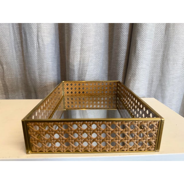 Gorgeous brass, mirror and glass Christian Dior 1970s style cane vanity tray.