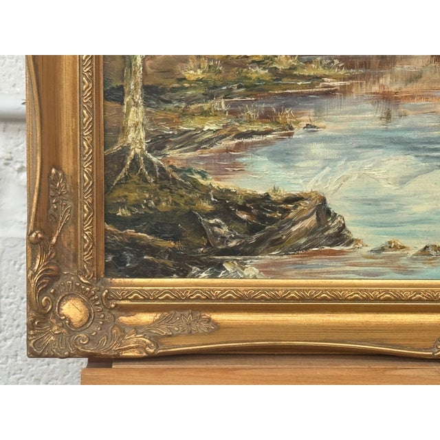 Mountain Lake Forest Landscape Scene - Vintage 20th Century Oil Painting 1970 For Sale - Image 17 of 17