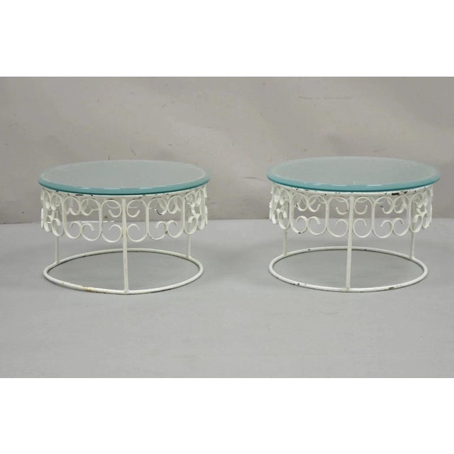 Mid-Century Modern Vintage Arthur Umanoff Wrought Iron Scroll Low Round Glass Top Side Table - Pair For Sale - Image 3 of 12