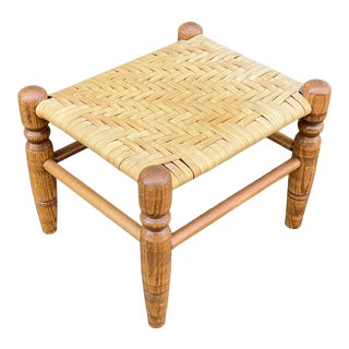 Vintage Ash Footstool With Woven Split Wood Seat For Sale
