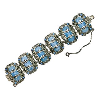1920s Antique Art Deco Art Nouveau Blue Glass & Silver Tone Clasp Cuff Bracelet, 7” For Sale