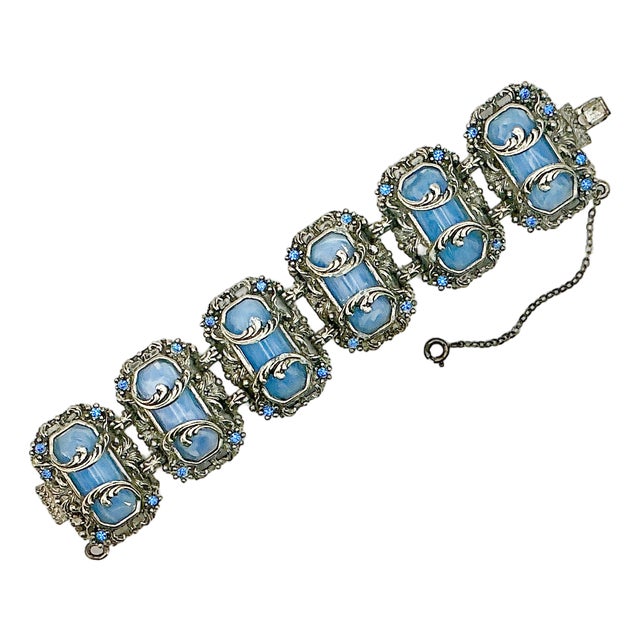 1920s Antique Art Deco Art Nouveau Blue Glass & Silver Tone Clasp Cuff Bracelet, 7” For Sale