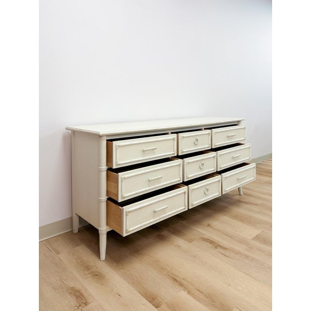White Vintage Thomasville Paoletti Faux Bamboo 9 Drawer Dresser White Hollywood Regency For Sale - Image 8 of 16