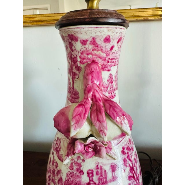 Vintage Chinese Porcelain Pink Chinoiserie Table Lamp With Pommegranate Flowered Handles For Sale - Image 11 of 12