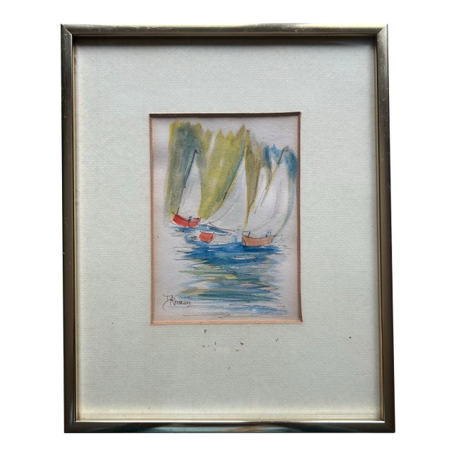 Vintage Original Framed Watercolor of Sailboats For Sale