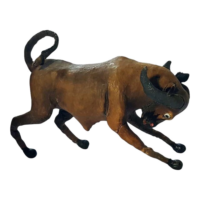 Hand-Stitched Leather Bull Figure, Folk Art Sculptural Decorative Object, Early 20th Century. For Sale