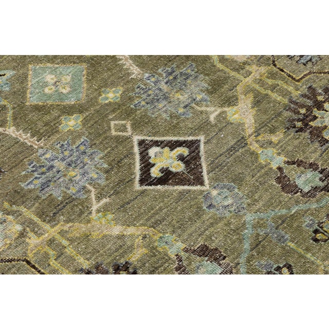 Green Modern Indian Heriz Style Wool Rug Handmade in Muted Green With Allover Design For Sale - Image 8 of 10