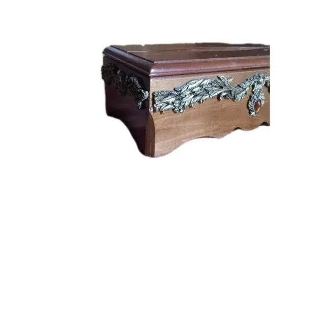 Wood Traditional Country Rustic Elegant Box: Solid Wood, Hinged Lid, Gold Tone Trim, Scalloped Walnut Ornamental Facial Tissue Napkin Holder Decor For Sale - Image 7 of 10