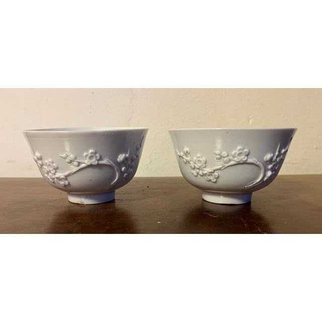 19th Century Antique 19th Century Chinese Export Blanc De Chine Porcelain Tea Cups or Bowls With Relief Molded Flowering Prunus Branches - A Pair For Sale - Image 5 of 12