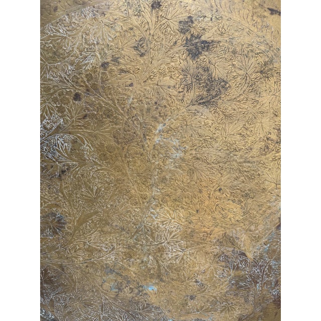 Vintage Antique Brass Incised Charger Plaque Table Top Serving Tray In estate fresh uncleaned original condition showing...